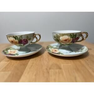4 Norcrest Fine China Roses Footed Demitasse Cup & Saucer handpainted C-509 EUC